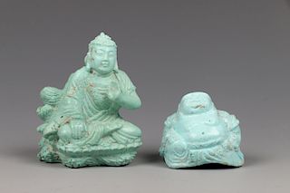 SET OF TWO CHINESE TURQUOISE BUDDHA CARVINGS