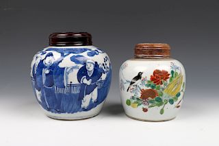 SET OF CHINESE FAMILLE-ROSE, BLUE AND WHITE JARS, QING 