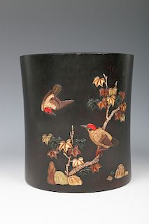 CHINESE MOTHER-OF-PEARL INLAID HARDWOOD BRUSH POT