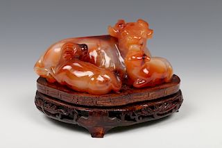 CHINESE AGATE BUFFALO CARVING WITH STAND