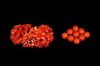SET OF TWO CORAL BROOCHES
