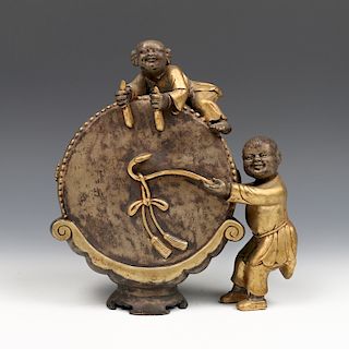 BOY AND DRUM BRONZE STATUES, LATE QING/ REPUBLIC PERIOD