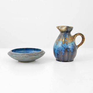 Pierrefonds Crystalline Glaze Pottery Pitcher/Vase & Bowl