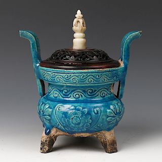 CHINESE BLUE GLAZED CENSER W/ JADE HANDLE COVER, MING
