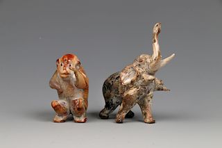 SET OF TWO GLASS MONKEY AND ELEPHANT CARVINGS