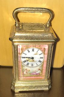 Russian Silver Carriage Clock with Porcelain Miniatures