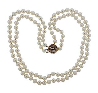 1960s 14k Gold Diamond Pearl Two Strand Necklace 
