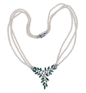 18k Gold Diamond Emerald Pearl Necklace 