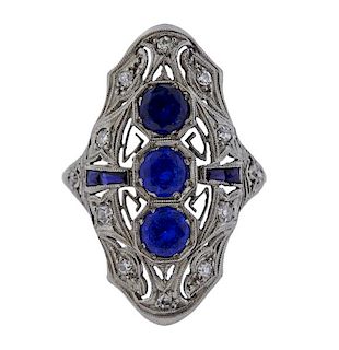 Art Deco Platinum Blue Stone Diamond Ring 