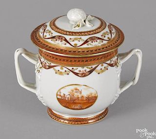 Chinese export porcelain covered sugar, early 19th c., both sides with vignettes in orange of a co