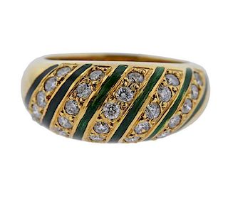 18K Gold Diamond Green Enamel Band Ring