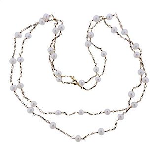 18K Gold Pearl Station Long Necklace