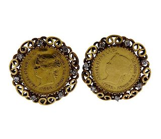14k Gold Coin Diamond Earrings 