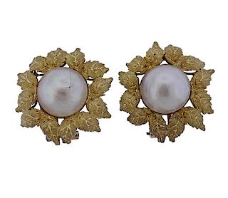 Buccellati 18k Gold Mabe Pearl Leaf Earrings 