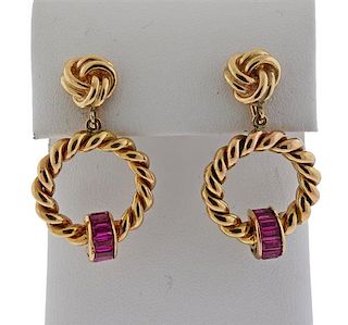 Vintage 18k Gold Ruby Doorknocker Earrings 