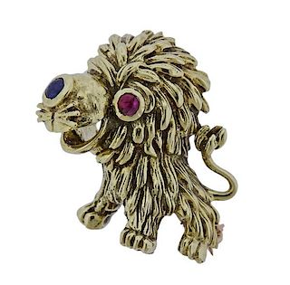 14k Gold Sapphire Ruby  Lion Brooch Pin 