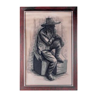 S. Calderón. México, siglo XX. Campesino sentado contemplando. Tinta sobre papel. Firmado y Fechado 67. Enmarcado.