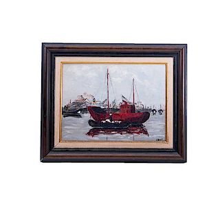 Liliana Benet (Estados Unidos, siglo XX) Barco Rojo. Óleo sobre tabla. Firmado. Enmarcado. 28 x 38 cm.
