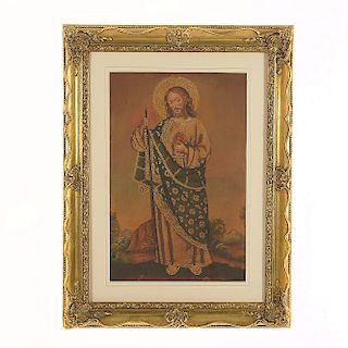 Anónimo. San Judas Tadeo. Óleo sobre tela. Enmarcado en madera dorada.