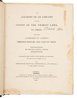 * TURNER, Samuel. An Account of an Embassy to the Court of the Teshoo Lama, in Tibet. London, 1800. FIRST EDITION.