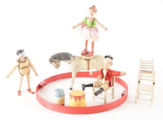 Box of Early Schoenhut Equestrian Circus Act Set.