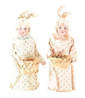 Lot of 2: Small Bisque Head Girls in Polka Dot Gowns.