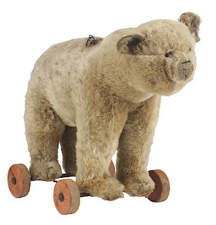 Steiff Teddy Bean on Wheel Pull Toy.