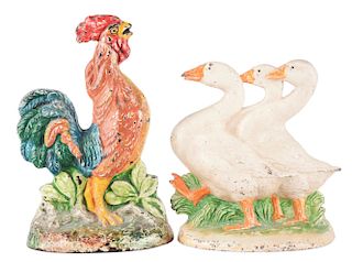 Lot of 2: Cast Iron Three Geese & Rooster Doorstops. 