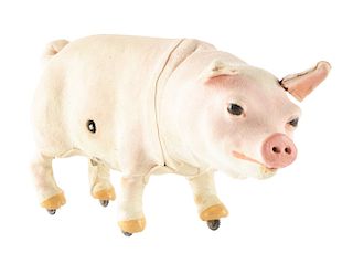 French Mechanical Wind Up Leather Covered Pig.