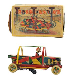 German Tin Litho Wind Up Topsy Turvy Tom Clown Car With Box. 