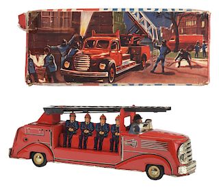 German Tin Litho Friction Fire Brigade Truck In Box. 