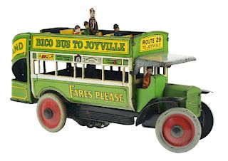 German Nifty Tin Litho Wind Up Bico Bus To Joyville. 