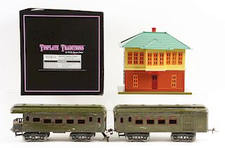 Lot of 3: M.T. H. Tinplate Traditions No. 437 Switch Tower & Ives Passenger Cars.