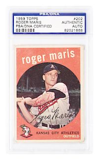 1959 Topps Autographed Roger Maris Baseball Card In Case. 