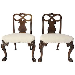 Pair of George II Style Carved Walnut Side Chairs, England, circa 1880