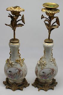 Pair of Bronze and Porcelain Chinese Export Style