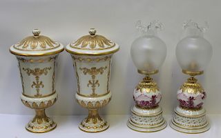 Pair of Porcelain Oil Lamps Together with a Pair