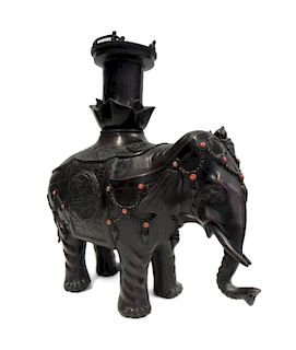 Possibly Coral Inlaid Bronze Elephant.
