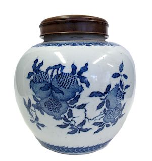 Blue & White Ginger Jar with Rosewood Lid.