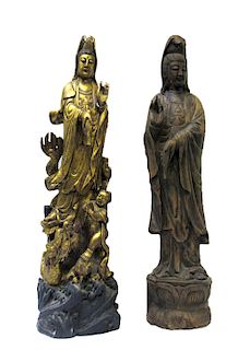 Pair of Large Carved Wood Figures of Guanyin.