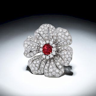 An Unheated Burmese Ruby and Diamond Pin