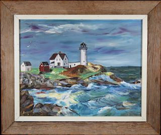 20th C. Painting of New England Lighthouse, Signed