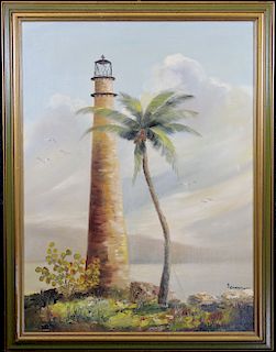 Vintage Painting of a Lighthouse and a Palm Tree