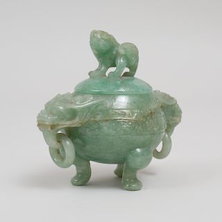 Chinese Carved Hardstone Tripod Censer and Cover with Ring Handles 
