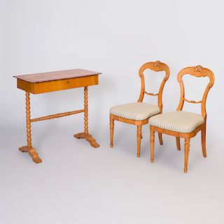 Pair of Biedermeier Birch Side Chairs and a Biedermeier Inlaid Birch Table