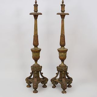 Pair of Large Neoclassical Style Carved Wood Floor Lamps