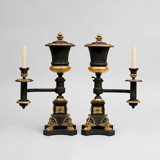 Pair of Regency Style Bronze and Parcel-Gilt Argand Lamps, J. & I. Cox