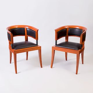 Pair of Leon Krier Cherry and Leather Upholstered Armchairs, for Giorgetti
