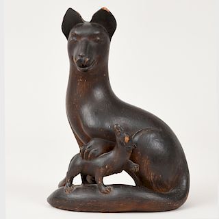 Japanese Carved Wood Model of a Fox and Pup