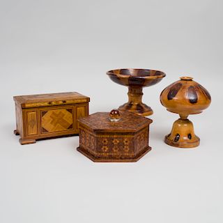 Two Treen Vessels and Two Marquetry Boxes